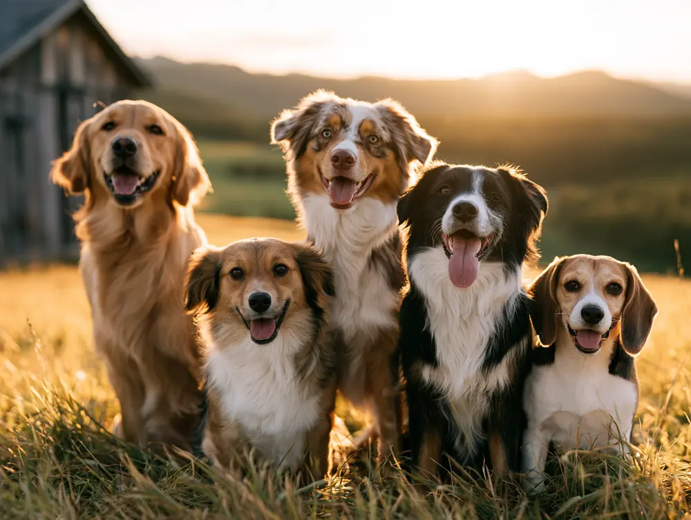 Five healthy farm dogs together in a golden field
