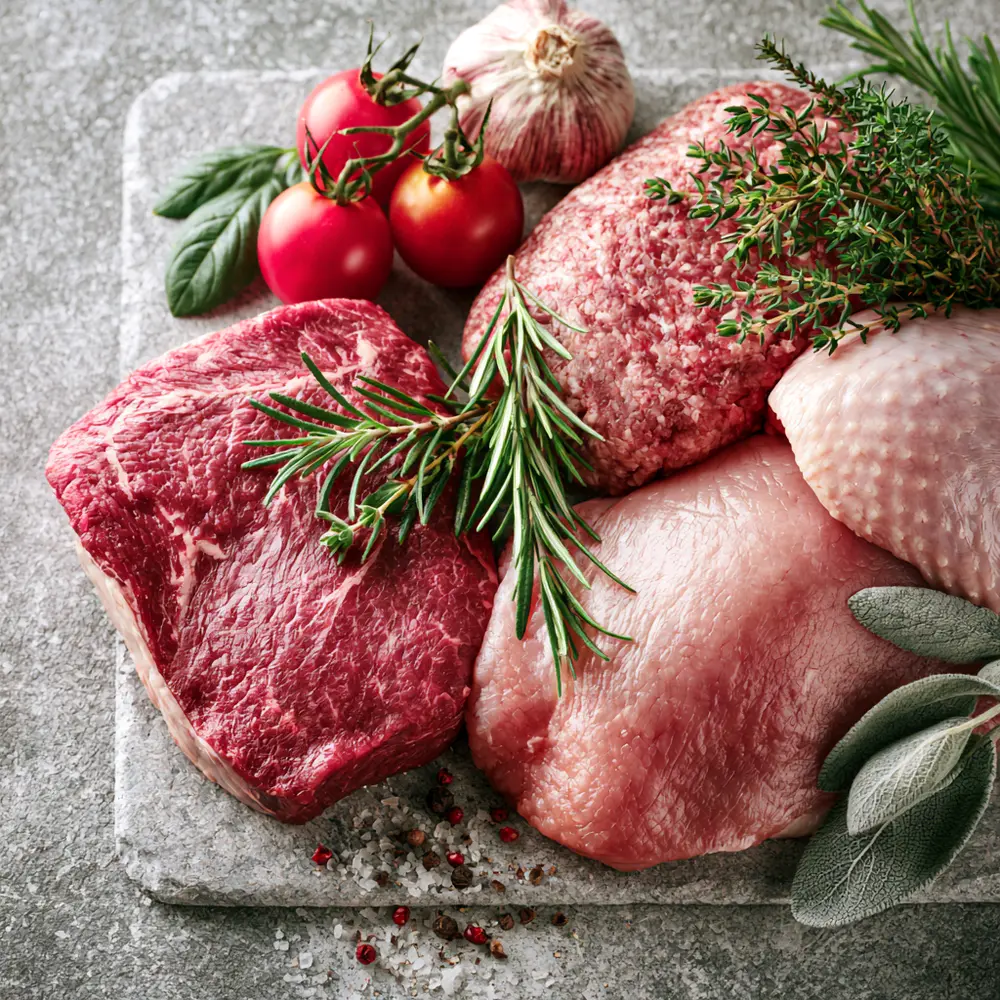 Raw beef, ground beef, turkey, and fresh herbs on a light stone board