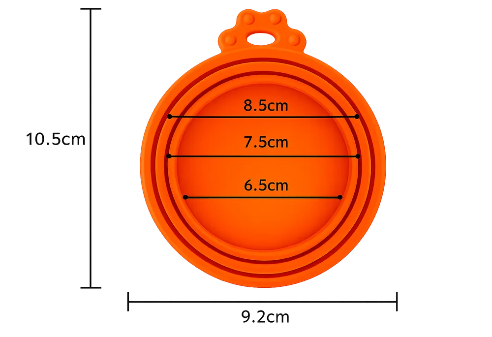 Wildridge silicone can cover dimensions: 10.5cm tall, 9.2cm wide, seating at 6.5cm, 7.5cm and 8.5cm