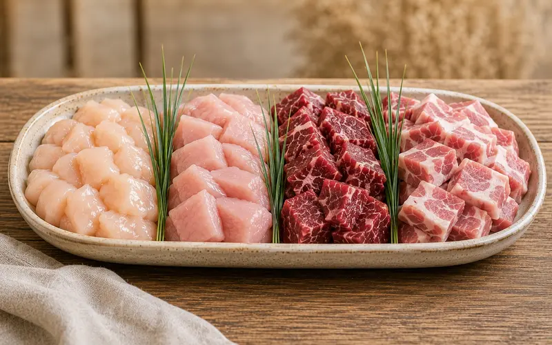 A tray of raw beef, chicken, pork, and turkey